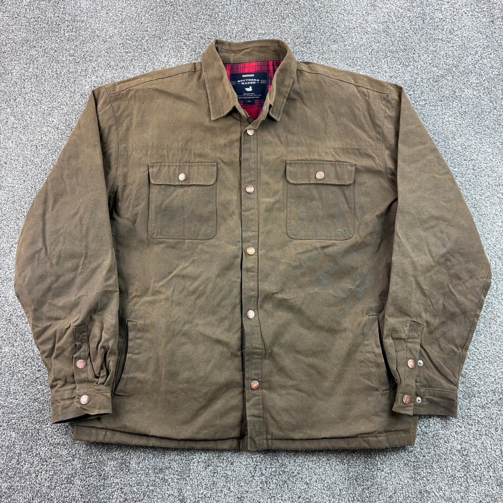 Southern Marsh Waxed Cotton Jacket Mens 2XL Brown Plaid Flannel Lined Flawed